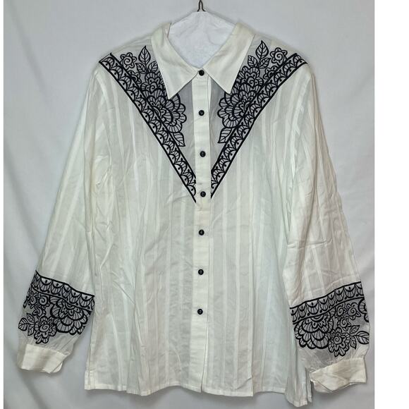NWT Bob Mackie Women’s L White Black Embroidered Button Front Long Sleeve Blouse - Picture 1 of 8